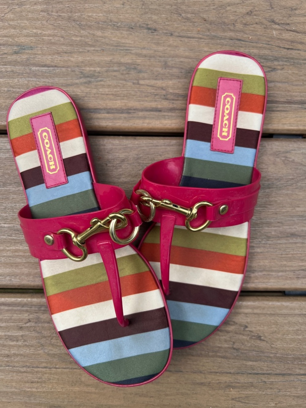 Coach Hot Pink Leather Stripe Horsebit Thong Sandals